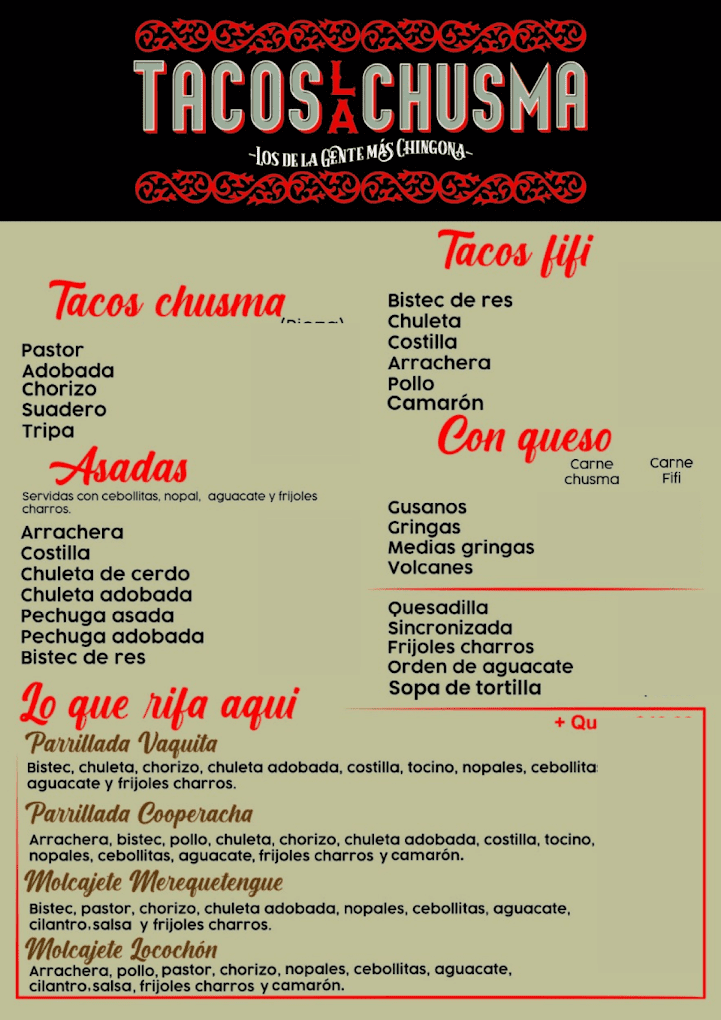 Tacos La Chusma Menú